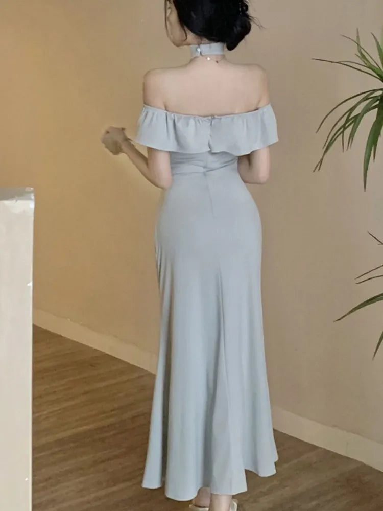 Lunivop Sexy Solid Off Shoulder Mermaid Dresses Summer Slim Waist Vestidos Mujer Elegant Ruffles Slash Neck Bodycon Evening Party Dress