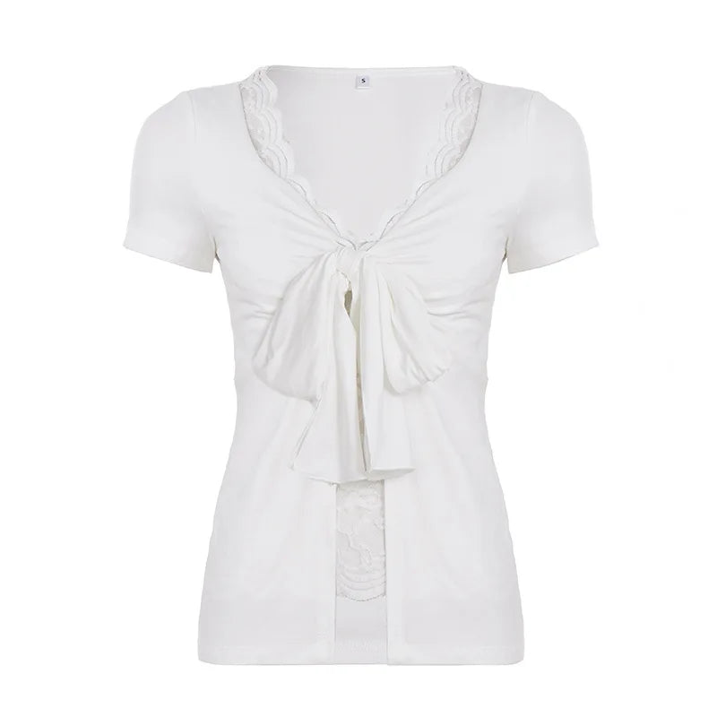 Lunivop  High Street American Spliced Lace Fake Two Piece Y2k Pleated Bow Design Spice Girl Clothes Summer Sweet Casual Punk Tops