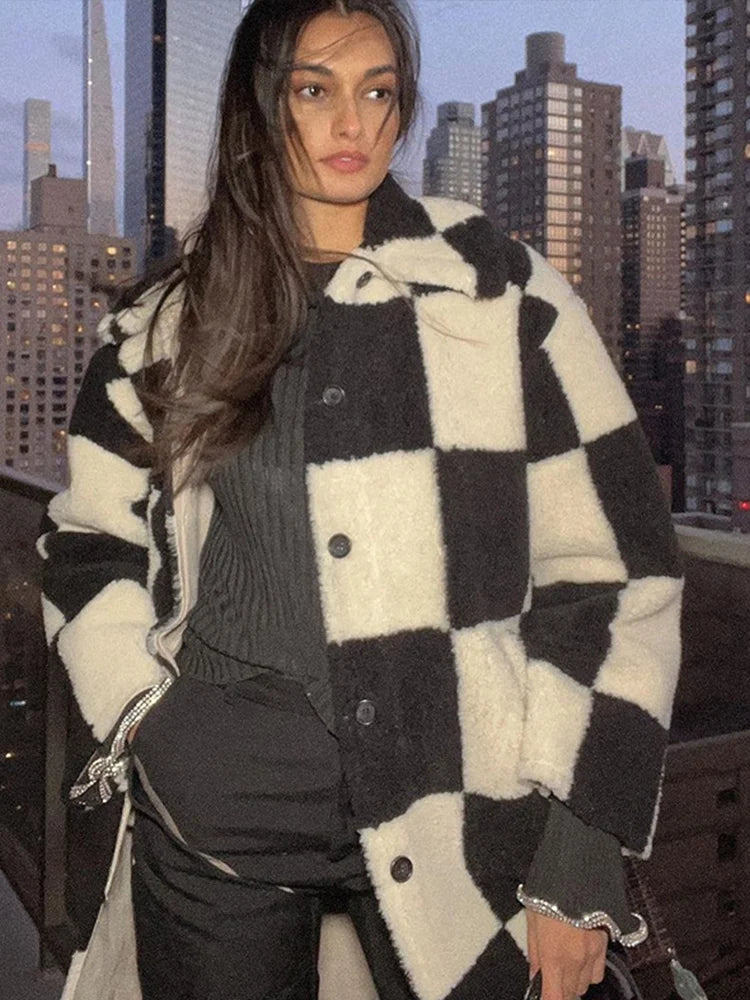 Lunivop Black and White Checkerboard Long Jackets Women Thickened Warm Lapel Single-Breasted Faux Fur Coat Winter Soft High Street Tops