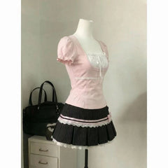 Lunivop  Japanese Vintage Lolita Suits Women Sweet Lace Blouse Plaid Mini Skirt Sets Y2K Kawaii Casual Daily Fashion Outfits New