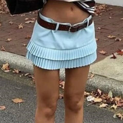 Lunivop  3 colors American Retro Light Blue Package Hips Spliced Pleated Mini Skirt Sexy Low Waist Short Skater Skirts With Shorts Lining