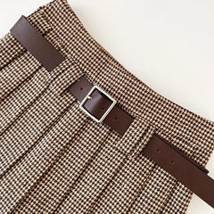 Lunivop Women Houndstooth Pleated Mini Skirt with Belt Woolen Plaid Skirt Teen-girl Fall Winter Y2K Outfit