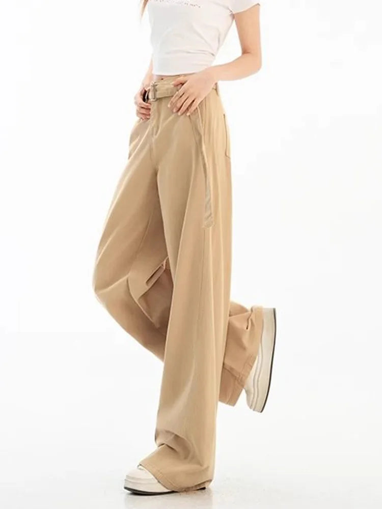 Lunivop Belt Retro Khaki Jeans Women Y2K High Waist Loose Streetwear Denim Pants Casual American Vintage Autumn Wide Leg Trousers