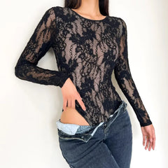 Lunivop  Black Autumn Sexy Hollow Out Lace With Lining O neck Long Sleeve Bodysuit Woman Tight Short Jumpsuit Slim fit Rompers Playsuits