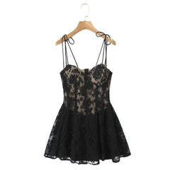 Lunivop  Sexy White Lace Mesh Pad Chest Corset Style Tie Bow Strap Sling Mini Dress Women Low Waist Pleated Swing Dresses Party Robe