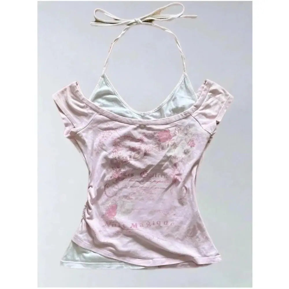Lunivop  Y2k Street Vintage Fake Two Piece Halter T-shirt Sexy Short Sleeve Slim Fit Tee Shirt 2025 Summer New Top for Women