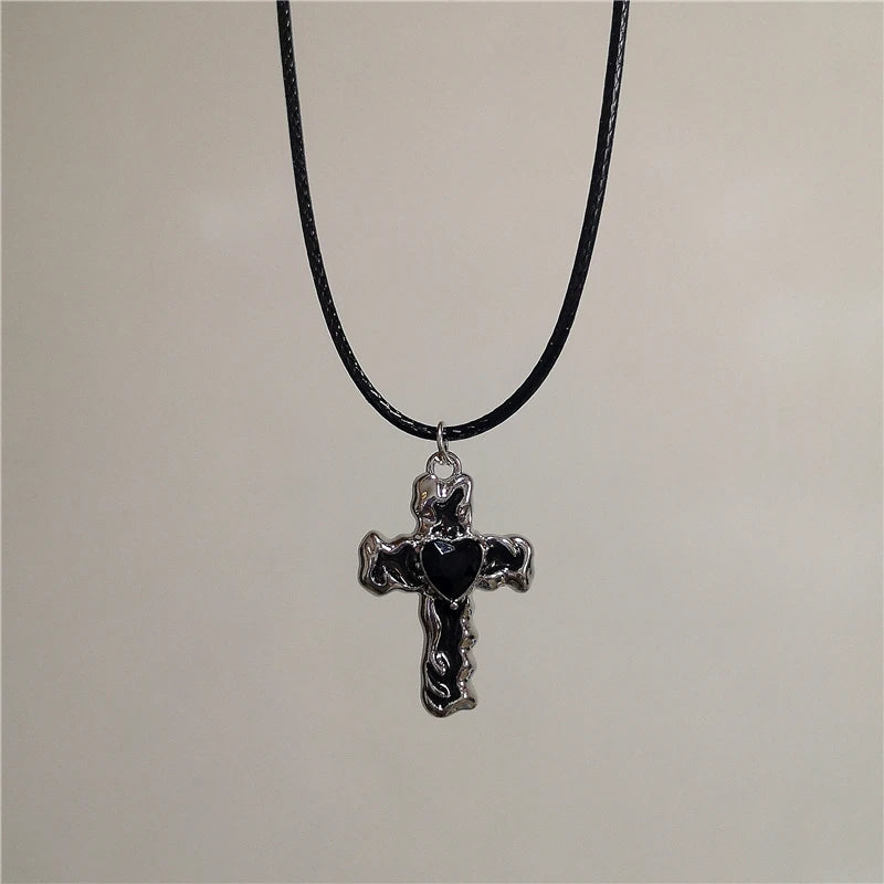 Lunivop New Simple Cross Pendent Necklace Black Leather Rope Fashion Antique Silver Color Alloy Punk Jewelry For Women Men Gift