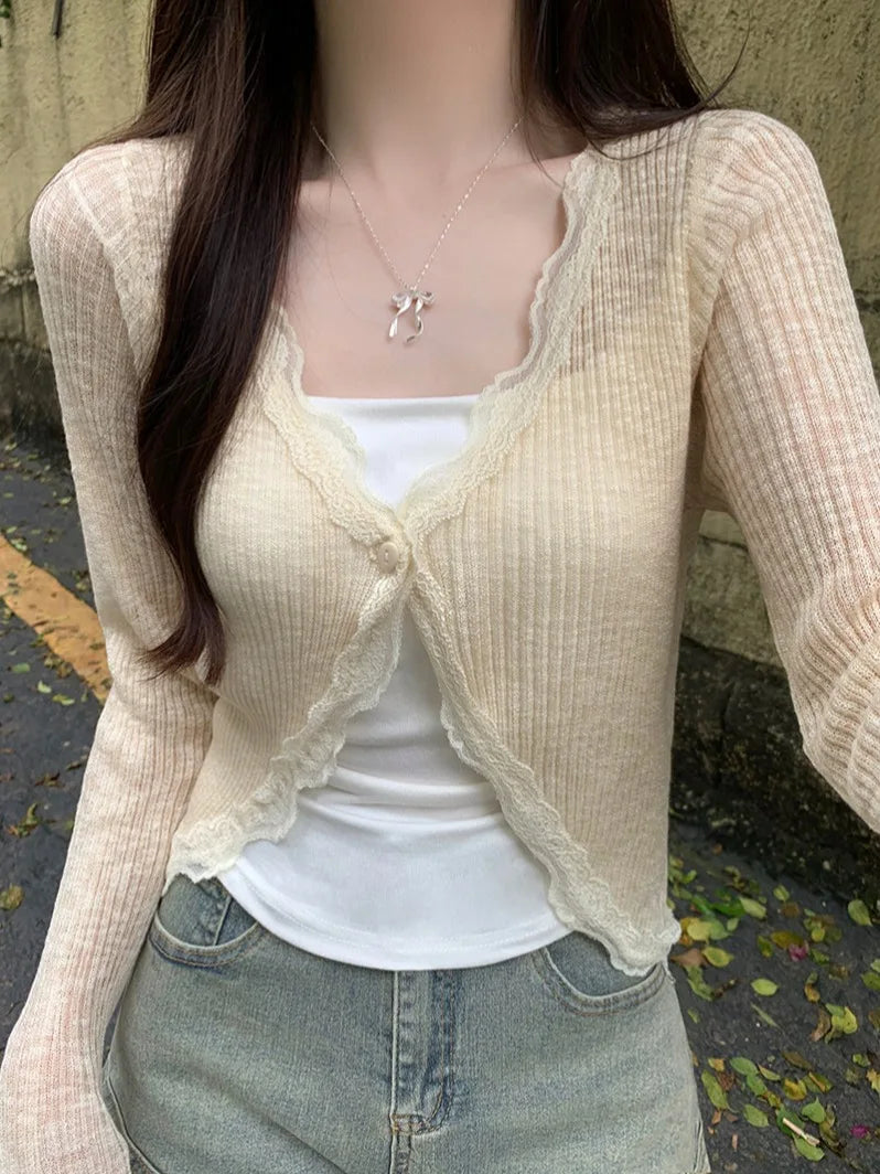 Lunivop Lace Trim One Button Long Sleeve Crop Top Women Short Sleeve Open Front Ribbed Knit Cardigan Sweater Summer Fairycore Outfit