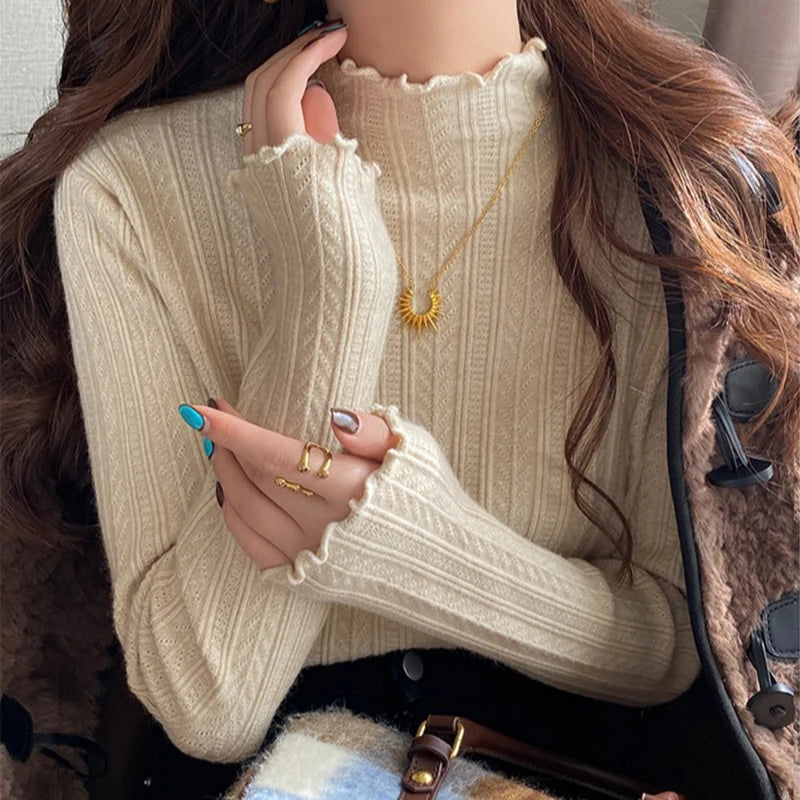 Lunivop Women Long Sleeve Knitted Top Textured Stretchy Mock Neck Fitted Sweater Pullover Jumper Fall Winter Teen-girl Basic Outfit