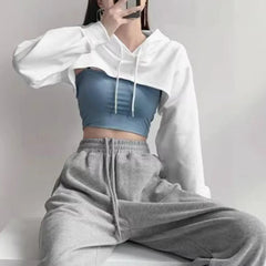 Lunivop  Autumn Rope Hooded Long Sleeve Hoodies Extra Cropped Sweatshirt Cape Women High Waist Casual Jumper Short Sweats Gray White