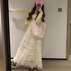 Lunivop Fairycore Sweet Cake Skirts Women Kawaii Korean Style Ruffle Long Skirt Elegant Cutecore High Waist Mesh Layered Skirt
