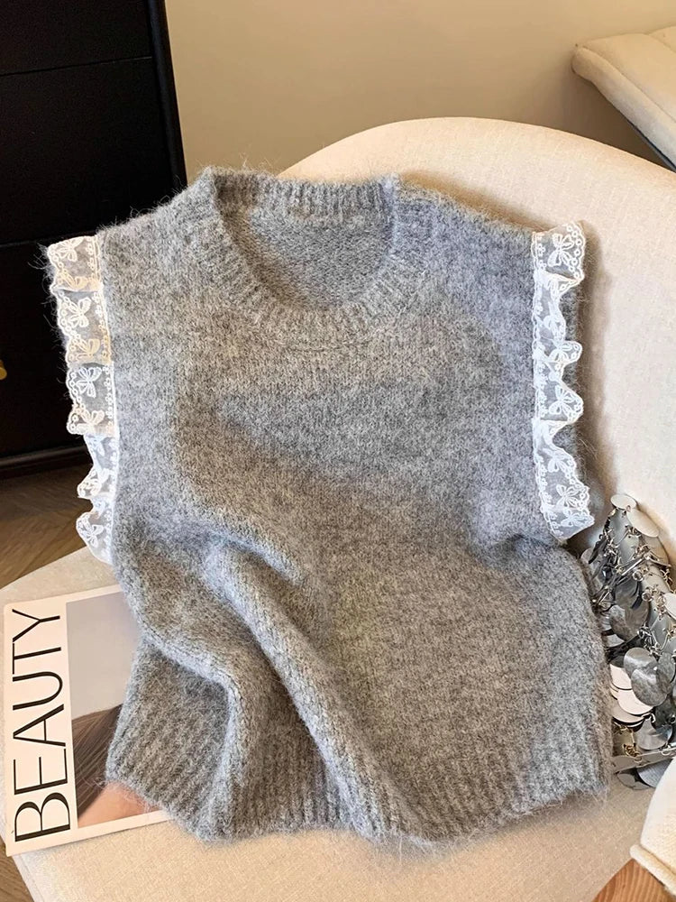 Lunivop Lace Patchwork Sweet Sweater Vest Women Vintage O Neck Casual Knitted Tops Korean Preppy Style Lady Lazy Wing Cute Vest New