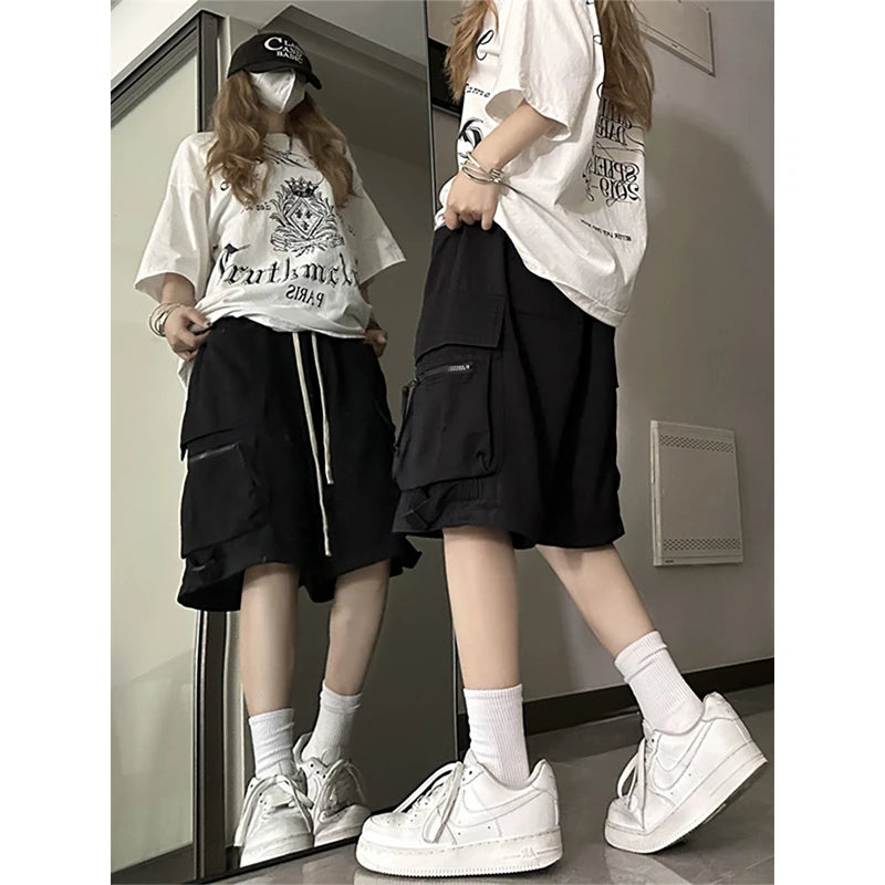 Lunivop Y2K Cargo Shorts Pants Women High Waist Drawstring Baggy Pockets Casual Knee-Length Shorts Bf Korean Streetwear Jogging Pants