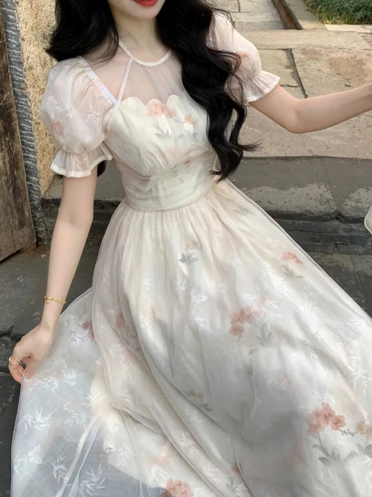 Lunivop  Soft Temperament Slimming Waist Floral Print Long Dresses 2025 Fairycore Princess Sleeves O-Neck Dress Damen kleider Summer New