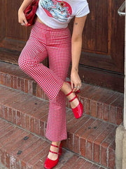 Lunivop  Womens Red Gingham Straight Leg Flare Pants High Waist Plaid Checkerboard Printed Y2k Vintage Trousers Summer Streetwear