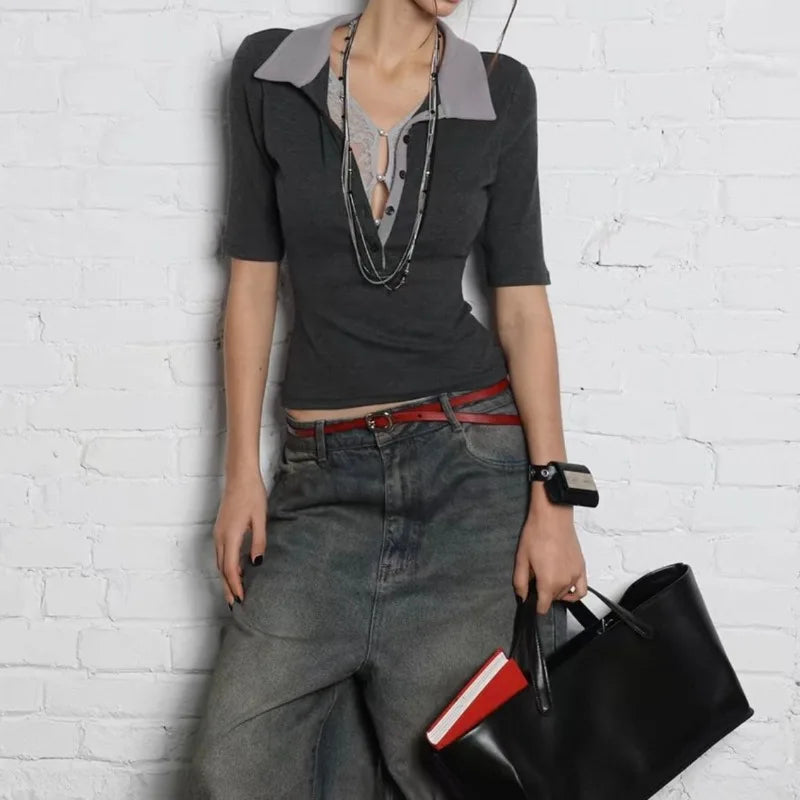 Lunivop  American Retro Fake Two Piece Patchwork Blouses 2025 Summer Lapel Neck Shirts Women Y2k Slim Fit Short Sleeve Blusas Mujer