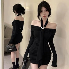 Lunivop  Y2k Sexy Off Shoulder Halter Dresses Spring Summer New Long Sleeve Vestidos De Mujer Slim Waist Bodycon Dress for Women