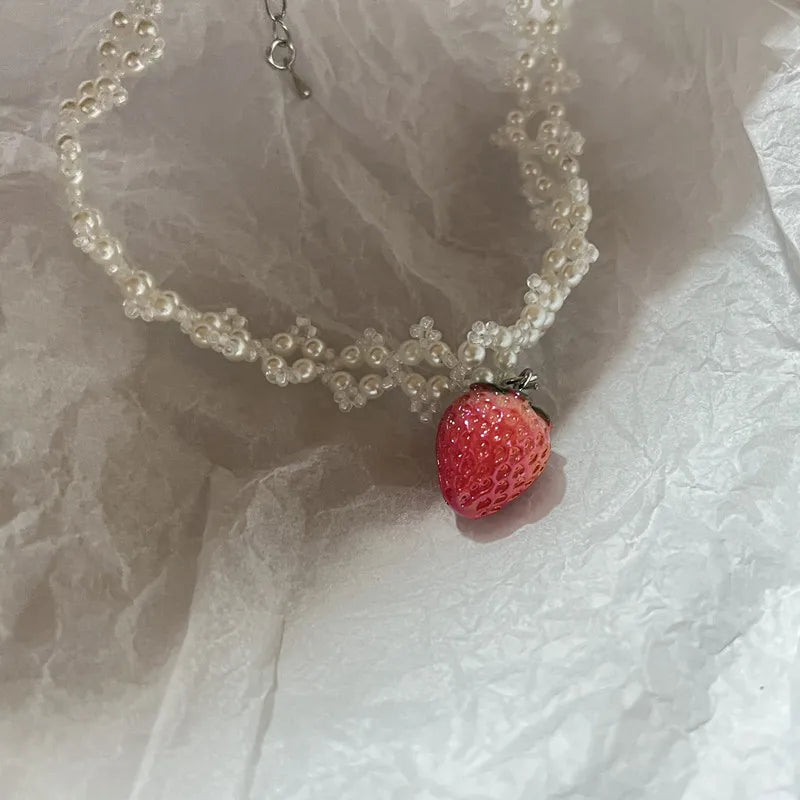 Lunivop Handmade love necklace, sweet romantic pearl strawberry pendant necklace lovely necklace cute necklace necklace for women y2k