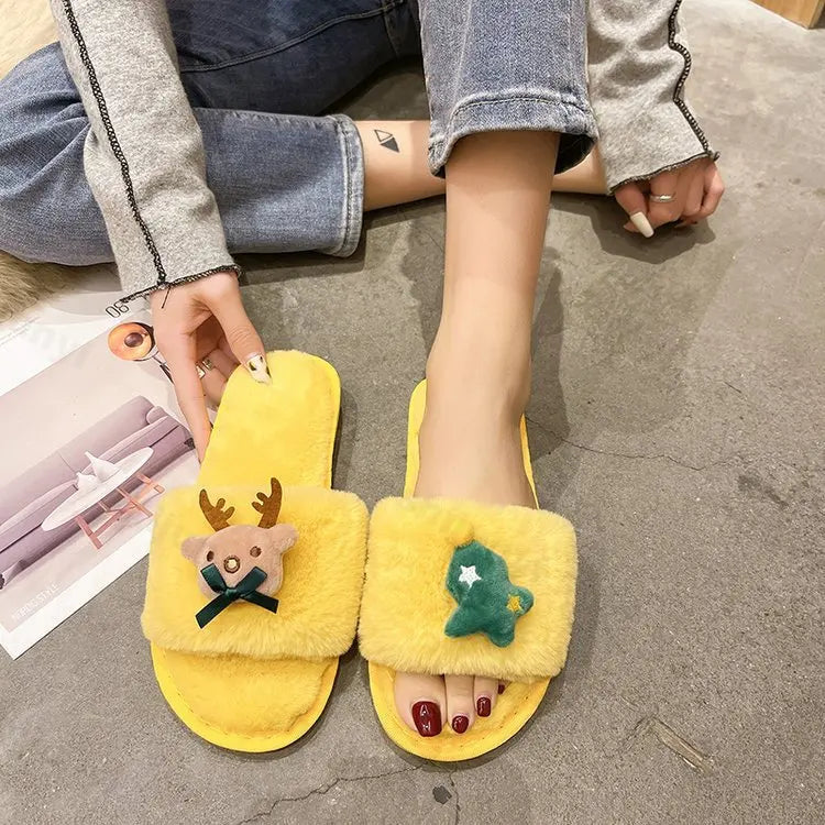 Lunivop 2025 New Christmas Elk Cotton Slippers for Women Men Winter Cute Cartoon Home Non Slip Couple Floor Slides Slip-on Plush Shoes