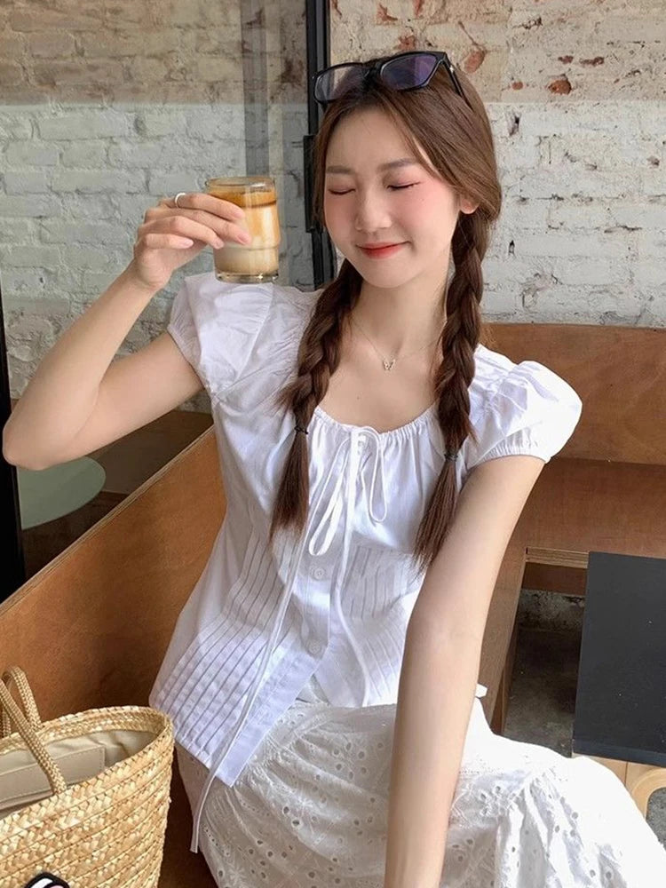 Lunivop  Summer Puffy Sleeve Shirt Women Sweet Cute Slim White Blouse Korean Preppy Style Casual Fashion Lace Up Design Kawaii Tops