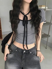 Lunivop  Short Sleeve Lace Up Striped Shirts for Women Harajuku Y2k Top Camisetas Grunge Clothes Y2k Graphic T Shirts Crop Top Ropa Mujer