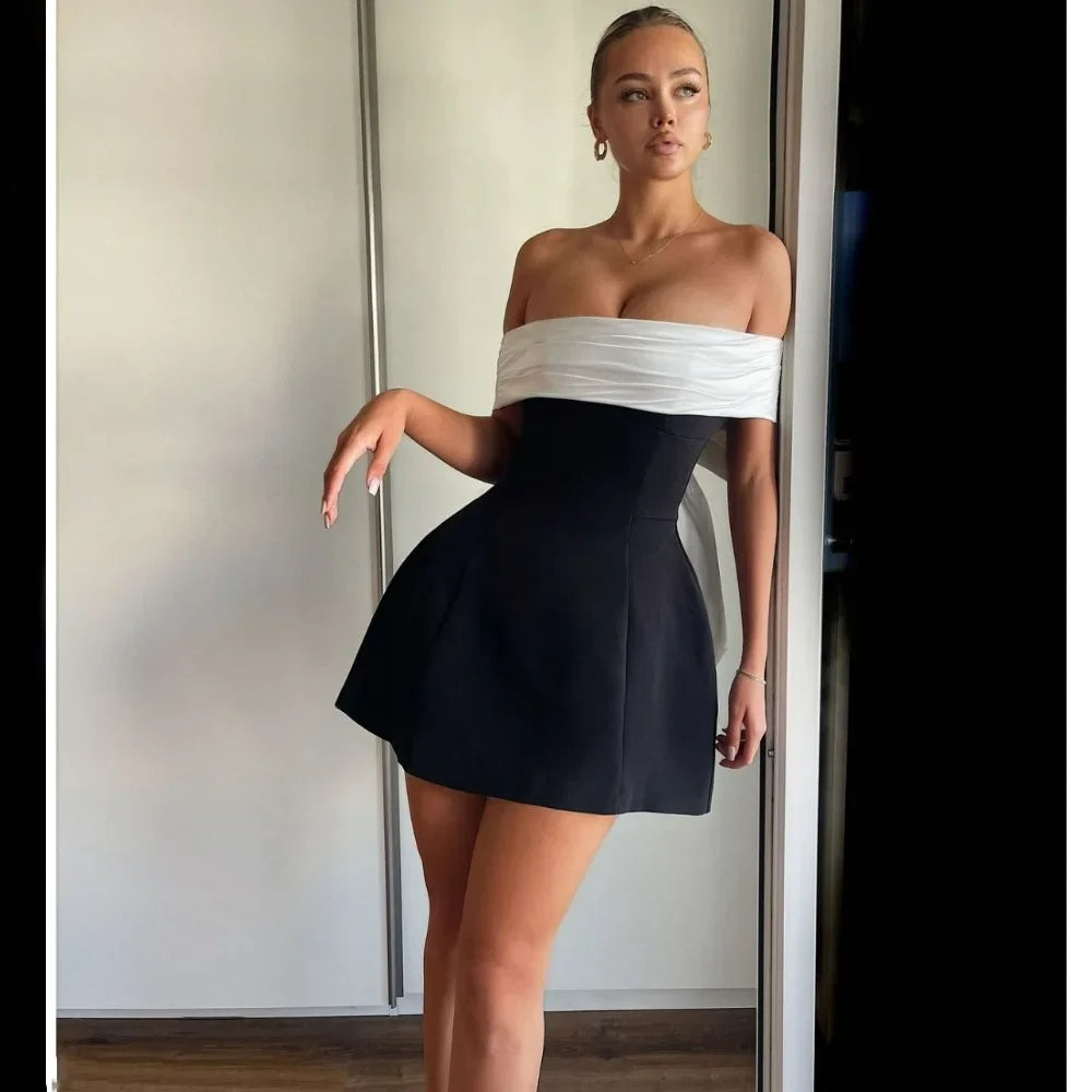 Lunivop Fashion Bow Mini Dress Women Elegant Off The Shoulder Bodycon A-line Dresses Sexy Backless Club Birthday Party Dress 2024 Black