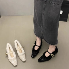 Lunivop Plush Mary Jane Single Shoes for Women New Designer Shiny Thin Heel Shoes Square Toe Shallow Mouth Warm Pumps Women's Shoes