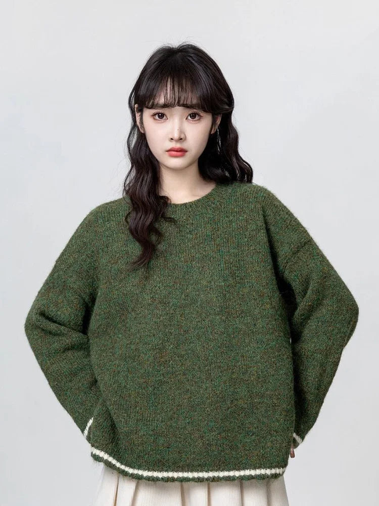 Lunivop Cute Retro Green Sweaters Women Preppy Style Loose O Neck Long Sleeve Knitted Jumper Japan Vintage Sweet Female Simple Pullovers