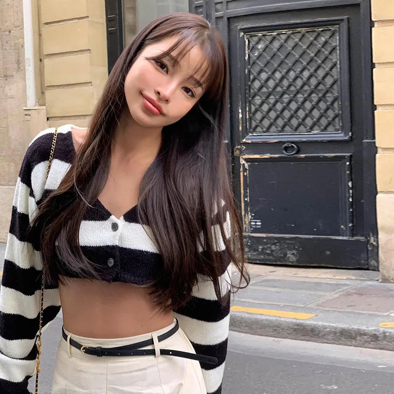 Lunivop Knitting Deep V Button Striped High Waist Long Sleeve Women'S  Tops Y2K Streetwear Wholesale Winter Fashion Clothing