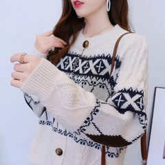 Lunivop Argyle Cardigan Sweaters Women Geometric Print Long Sleeve Button-up Knitted Coat Soft Knitwear Vintage Fall Winter Outfit