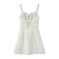 Lunivop  New French Style Vintage Rose Flower Print Wood ears Bow Ruched Chest Sling Dress Women Cross Lacing up Backless Short Vestidos