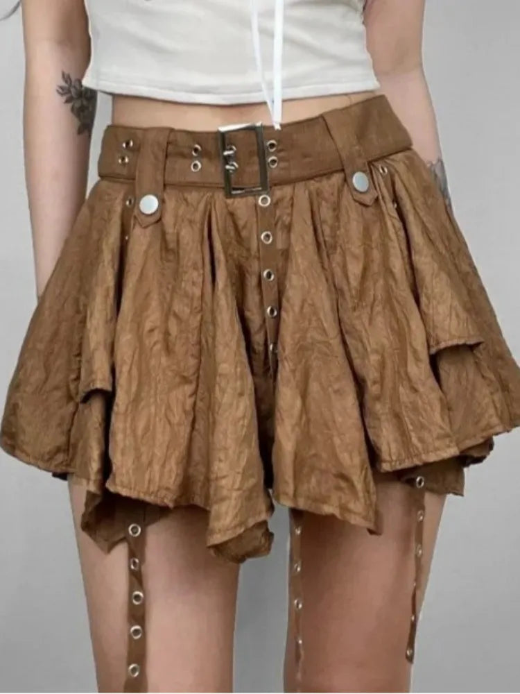 Lunivop Women Crumpled Layer Mini Skirt with Belt Strap Elastic Back Asymmetrical Short Skirt Grunge e-Girl Y2K Acubi Outfit