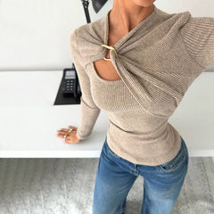Lunivop  Khaki Irregular Tight Hollowed Out Long Sleeve Metal Decoration Autumn Winter Sexy Casual Personalized Women's Tops Daily Outfit