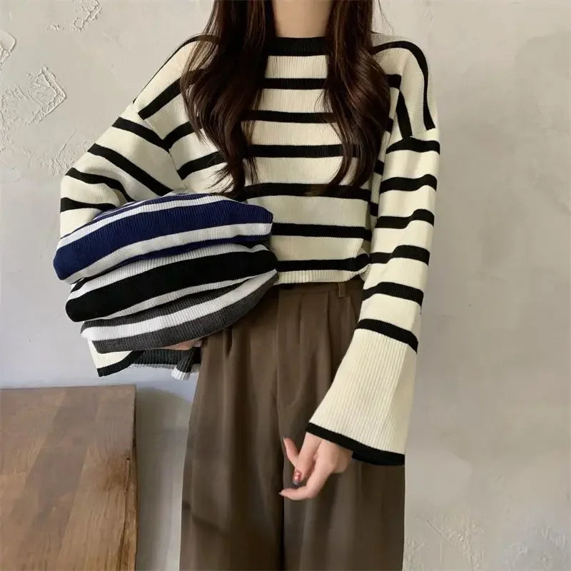 Lunivop Women Striped Sweater Soft Warm Loose-fit O-Neck Long Sleeve Knitted Pullovers Sweater Jumper Autumn Winter Casual Chic Top