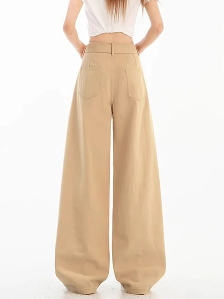 Lunivop Belt Retro Khaki Jeans Women Y2K High Waist Loose Streetwear Denim Pants Casual American Vintage Autumn Wide Leg Trousers