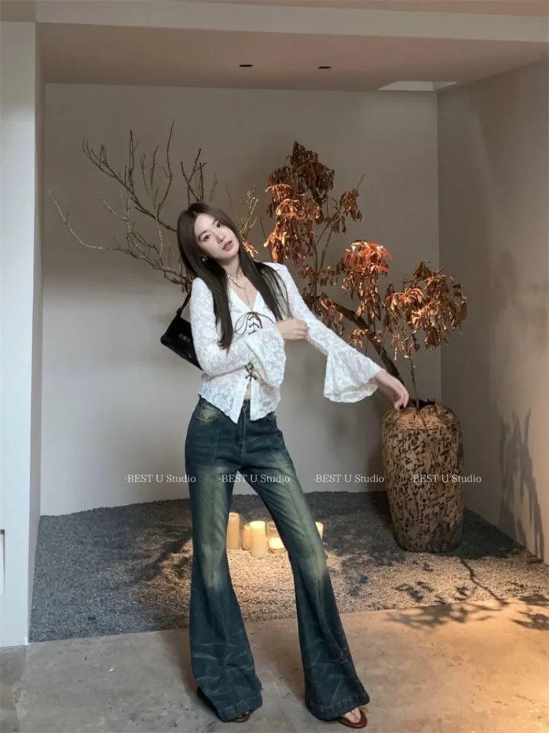 Lunivop  Hollow Out Mesh V-neck Lace Up Shirts Women Y2k E-Girl Slim Fit Long Sleeve Blouses 2025 Spring New Black Blusas De Mujer