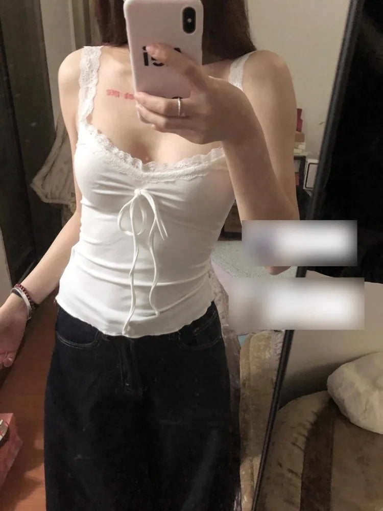 Lunivop  Y2k Lace Patchwork Camisole Vest for Women Summer New Slim Fit Tank Top Slim Fit Sleeveless Drawstring Bow Tops Mujer