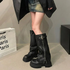 Lunivop  Winter Women Biker Boots Fashion Belt Buckle Ladies Elegant Platform Long Pipe Booties Casual Women's Knee High Booties