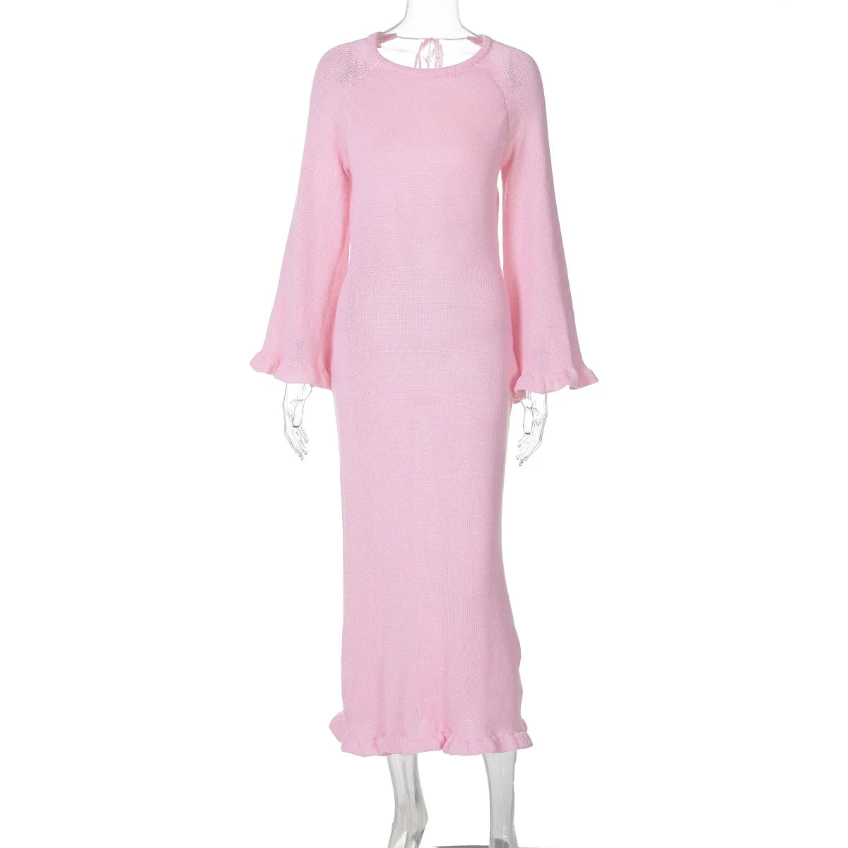 Lunivop Long Sleeve Knitting Backless Lace Up Long Ruffles Casual Dress New Manufacturer Solid 2024 New Y2K Clothing