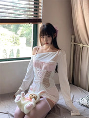 Lunivop  Y2k Sweet Kawaii Sexy Sweet New 2 Piece Set Women Off Shoulder Top + Pink Skirt Female Style Design Lolita Kawaii Suit