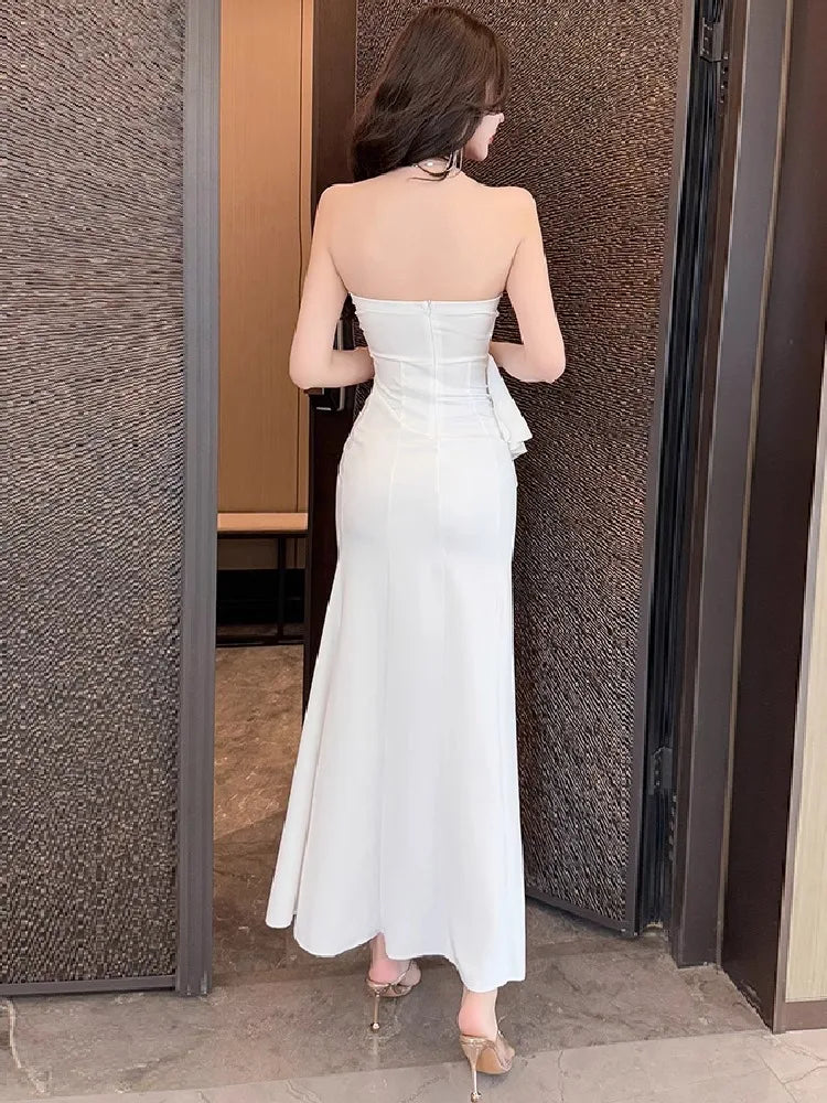 Lunivop  Woman Dress Sexy Strapless Bow Slim Elegant Split Backless Ruffles Slim Temperament Fashion Party Dresses Ladies