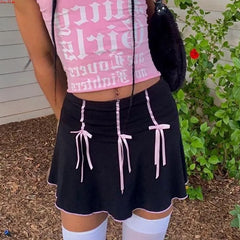 Lunivop  American Fashion Y2k Casual High Waist Pleated Skirts Front Constrast Color Bow Appliques Mini Girl Jupe Harajuku Street Skirt