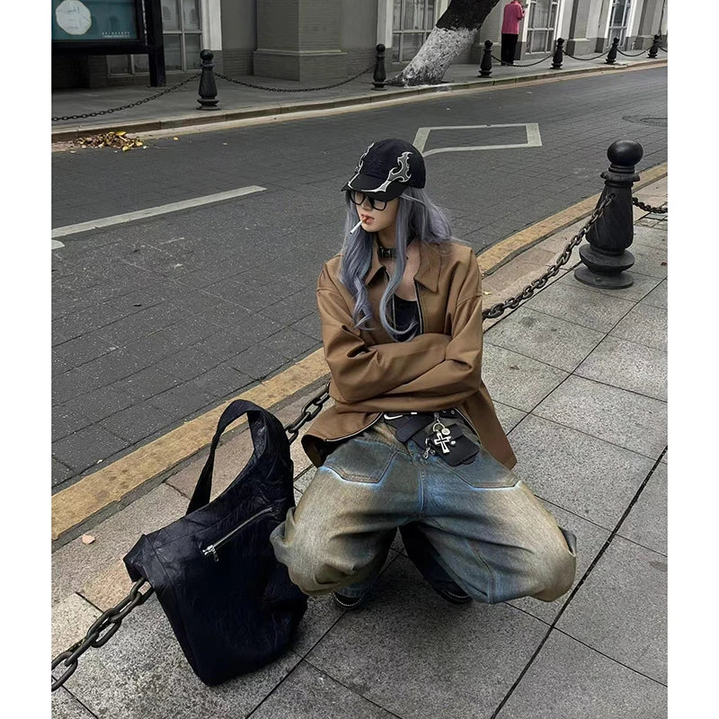 Lunivop New Vintage Blue Jeans Women High Waist Grunge Y2k 90s Streetwear Baggy Casual Korean Fashion Straight  Denim Trouser Women