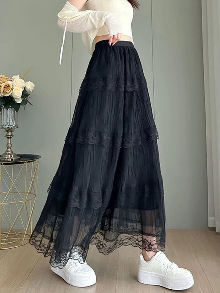 Lunivop  Retro Sweet Black Long Skirt Women Casual Loose High Waist Elegant Skirt Vintage Lace Patchwork Korean Summer Long Skirts
