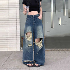 Lunivop  Summer High Waist Ripped Denim Pants Women American Retro Streetwear Y2K Wide Leg Jeans Loose-Fit Slimming Straight Pants