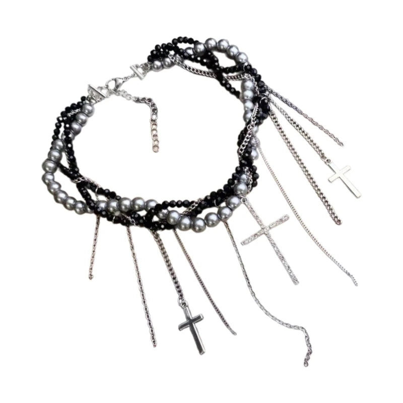 LunivopGrunge Y2K Unique Pearls Entwined Chain Choker with Fringes Crucifix Charm Necklace Jewelry