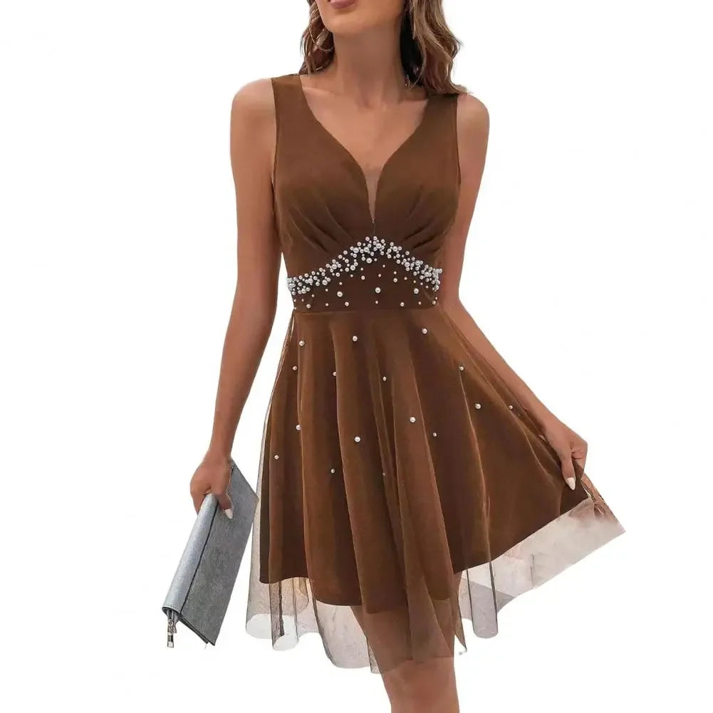 Lunivop  Lady Summer Ball Gown Elegant V Neck Pearl Embellished A-line Evening Dress with Double-layer Mesh Overlay High Waist for Summer