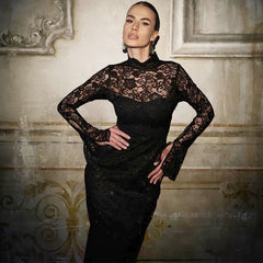 Lunivop Lace Spliced Long Sleeve Solid Slim Elegant Evening Night Dress Party Summer Casual Y2K Streetwear Dropshipping Clothing