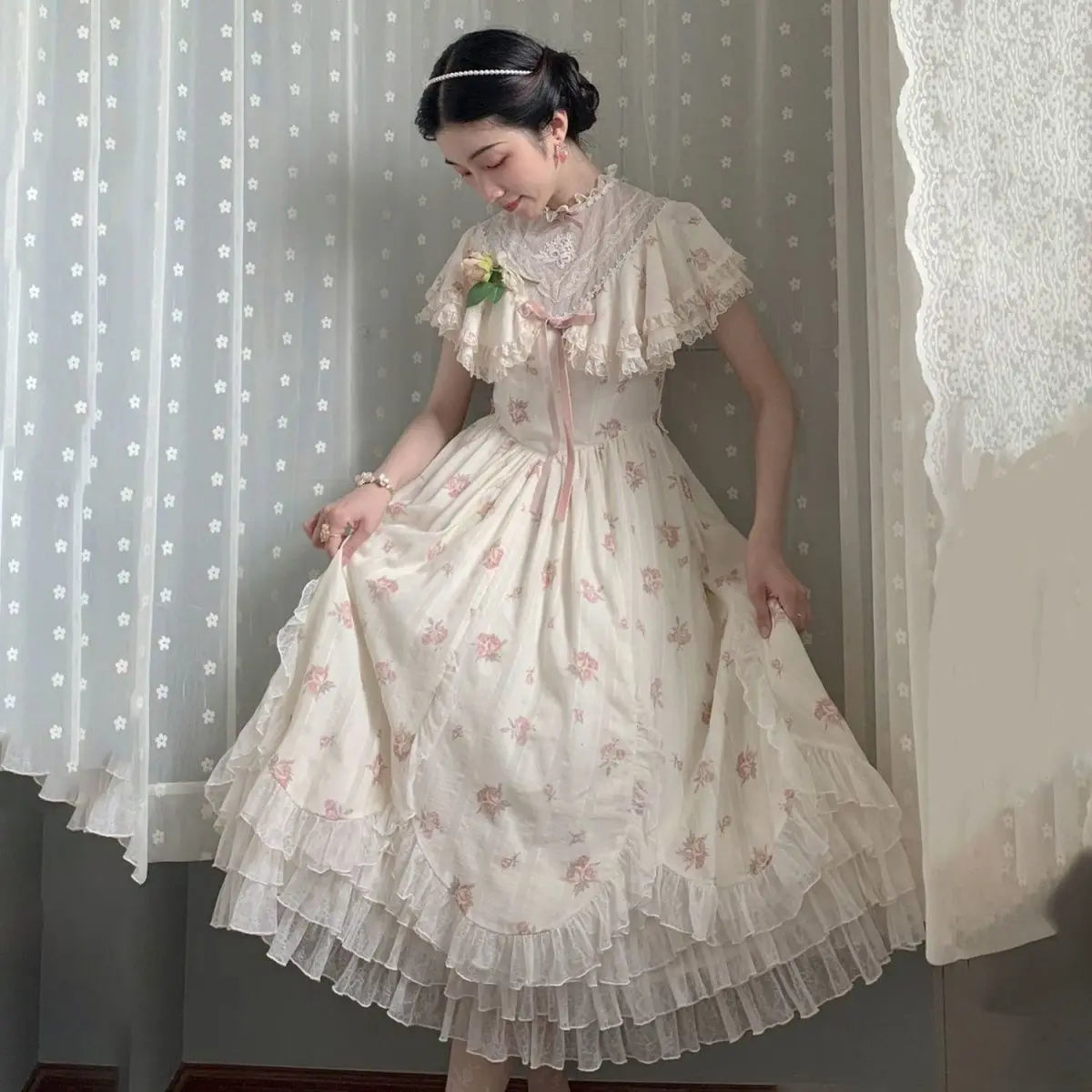 Lunivop Palace Style Princess Dress Lace Flower Fairy Summer Vintage Frock Lolita Romantic Victorian Ceremonial Dresses Female