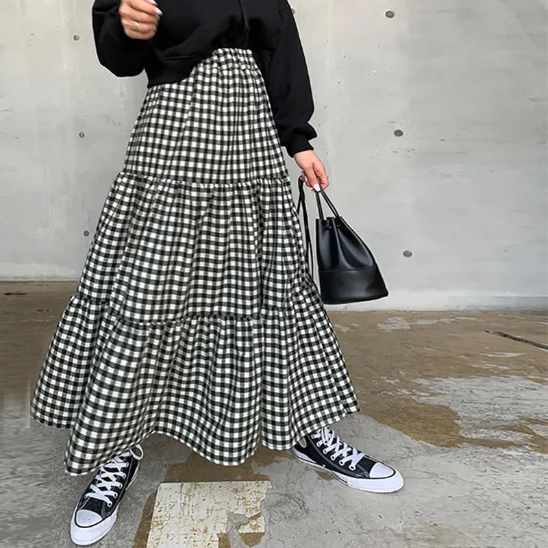 Lunivop Maxi Gingham Skirt Women Ankle Length Cotton-linen Black & White Plaid Elastic Waist Tiered Pleated Long Skirt Ladies falds